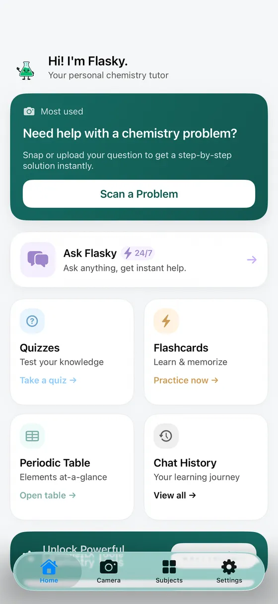 Flasky home screen with the Scan a Problem button, Ask Flasky chat, quizzes, flashcards, the periodic table and chat history