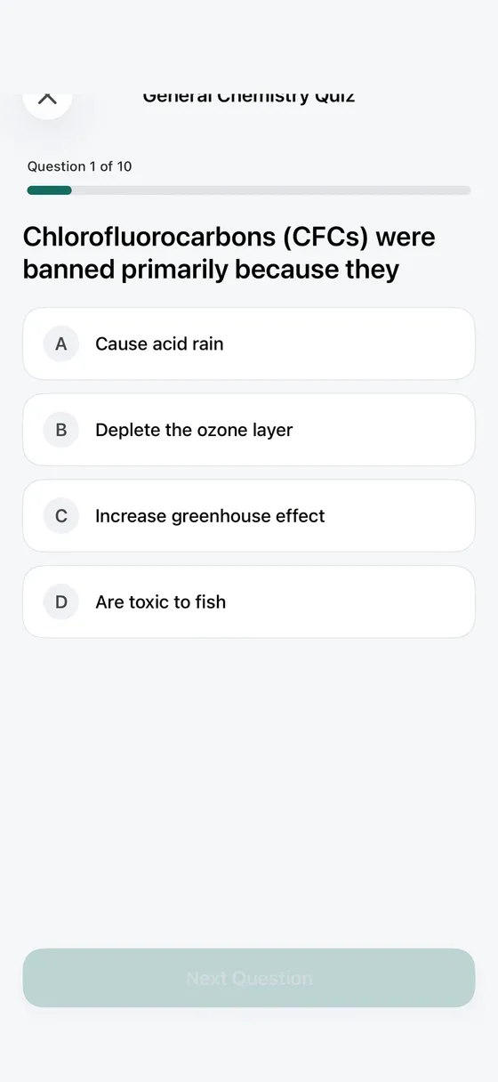 Flasky general chemistry quiz asking why chlorofluorocarbons were banned