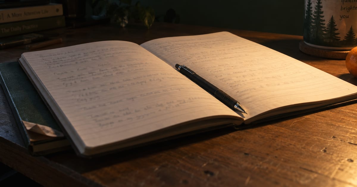 A ruled notebook open on a desk under a lamp at night, with a mechanical pencil resting in the binding and a mug beside it